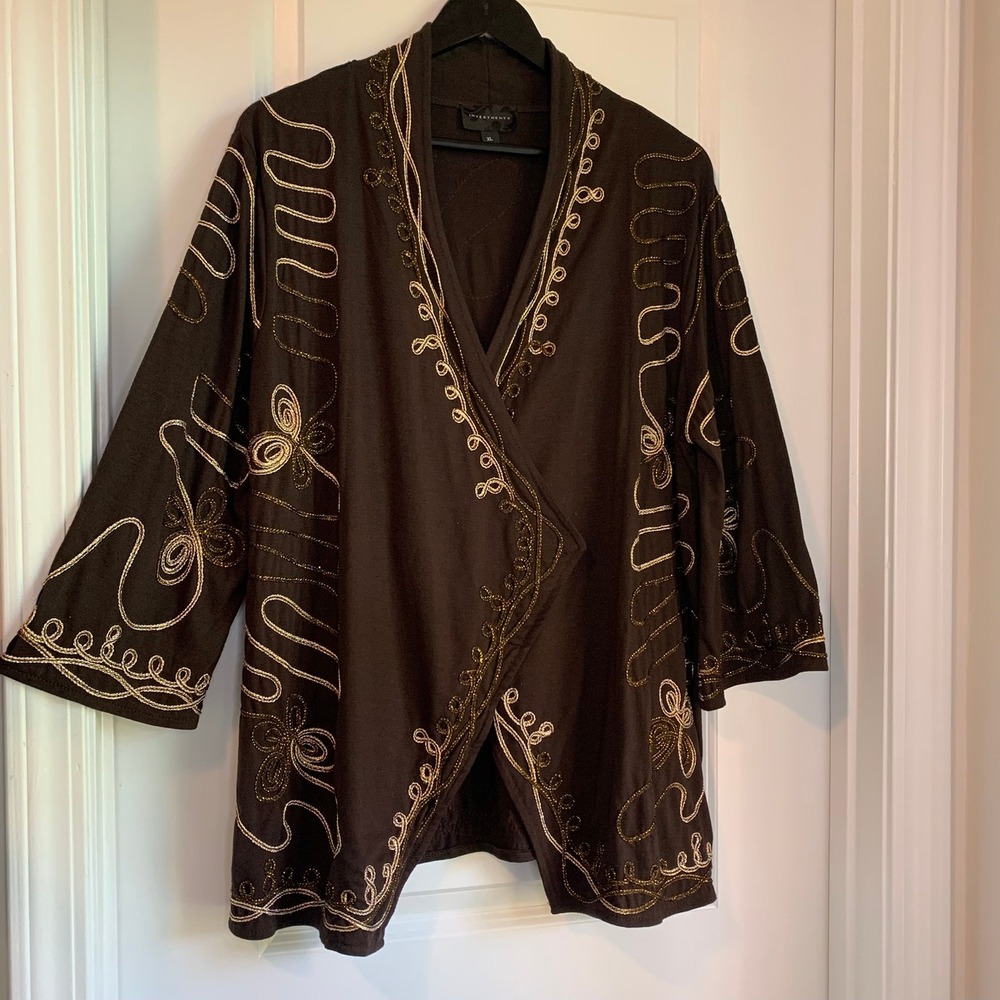 Investments Women's XL Brown‎ Gold Embroidered Kimono Cardigan Boho Open Front